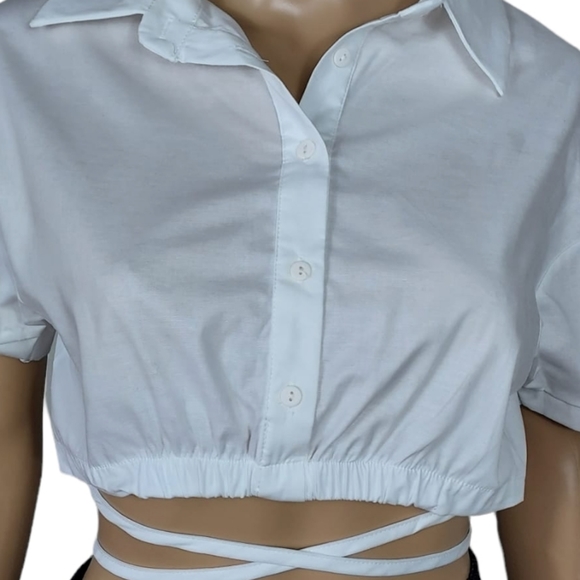 NWT crop top shirt white Short-Sleeve waist strap Size S - Picture 4 of 4